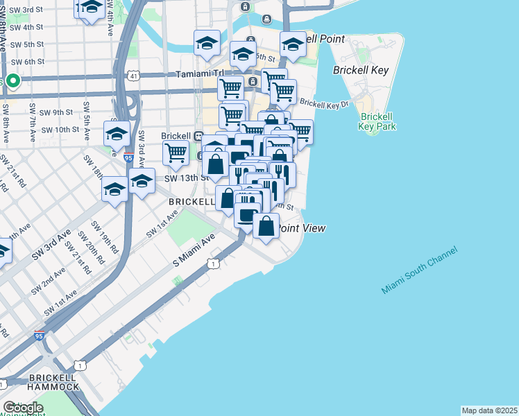map of restaurants, bars, coffee shops, grocery stores, and more near 1401 Brickell Avenue in Miami