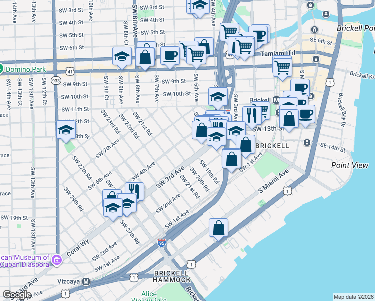 map of restaurants, bars, coffee shops, grocery stores, and more near 321 Southwest 20th Road in Miami