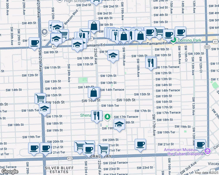 map of restaurants, bars, coffee shops, grocery stores, and more near 2122 Southwest 14th Terrace in Miami