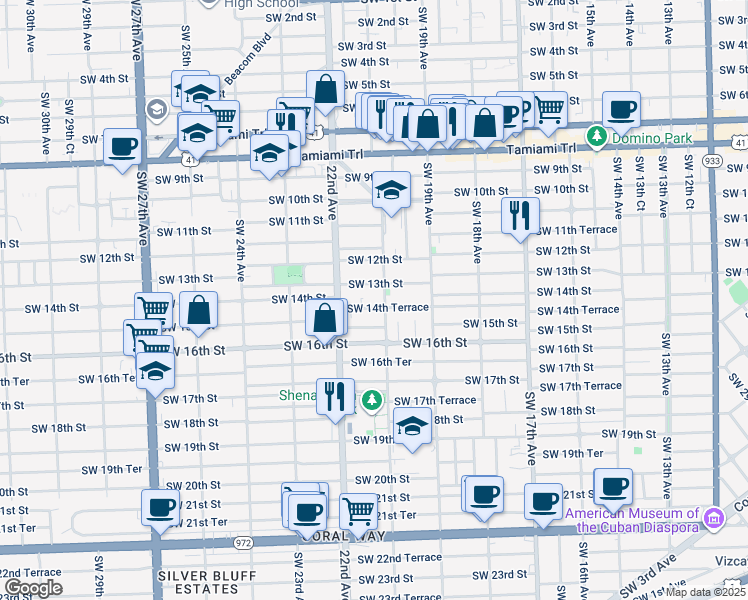map of restaurants, bars, coffee shops, grocery stores, and more near 2122 Southwest 14th Terrace in Miami