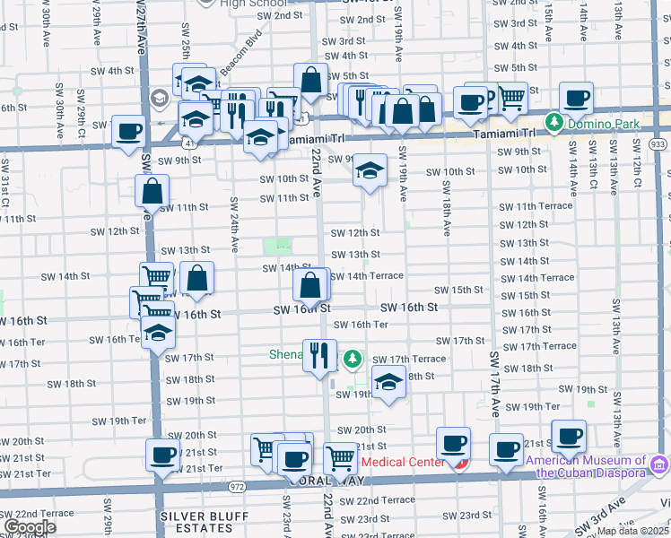 map of restaurants, bars, coffee shops, grocery stores, and more near 1434 Southwest 22nd Avenue in Miami