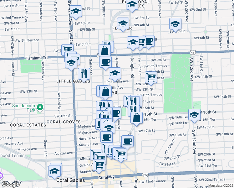 map of restaurants, bars, coffee shops, grocery stores, and more near in Coral Gables