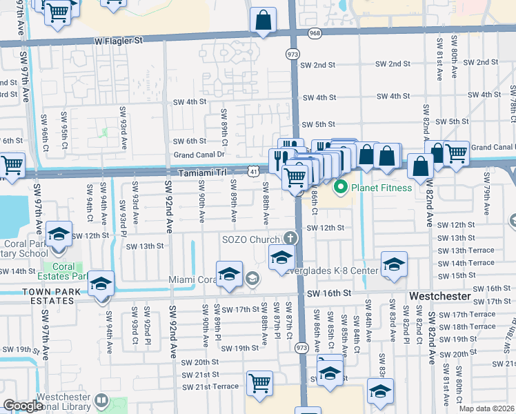 map of restaurants, bars, coffee shops, grocery stores, and more near 8849 Southwest 11th Street in Miami