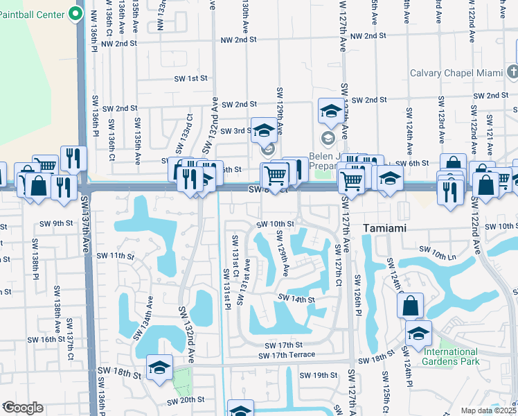 map of restaurants, bars, coffee shops, grocery stores, and more near 12970 Southwest 9th Street in Miami