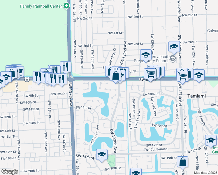 map of restaurants, bars, coffee shops, grocery stores, and more near 13260 Southwest 9th Terrace in Miami