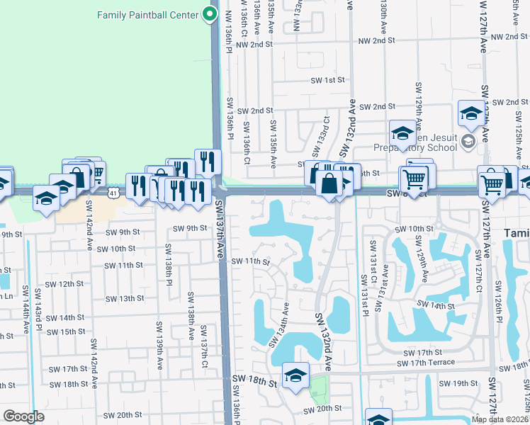 map of restaurants, bars, coffee shops, grocery stores, and more near 943 Southwest 135th Court in Miami