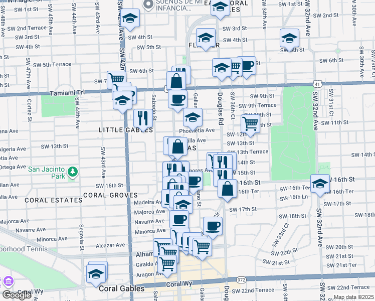 map of restaurants, bars, coffee shops, grocery stores, and more near Sidonia Avenue in Miami