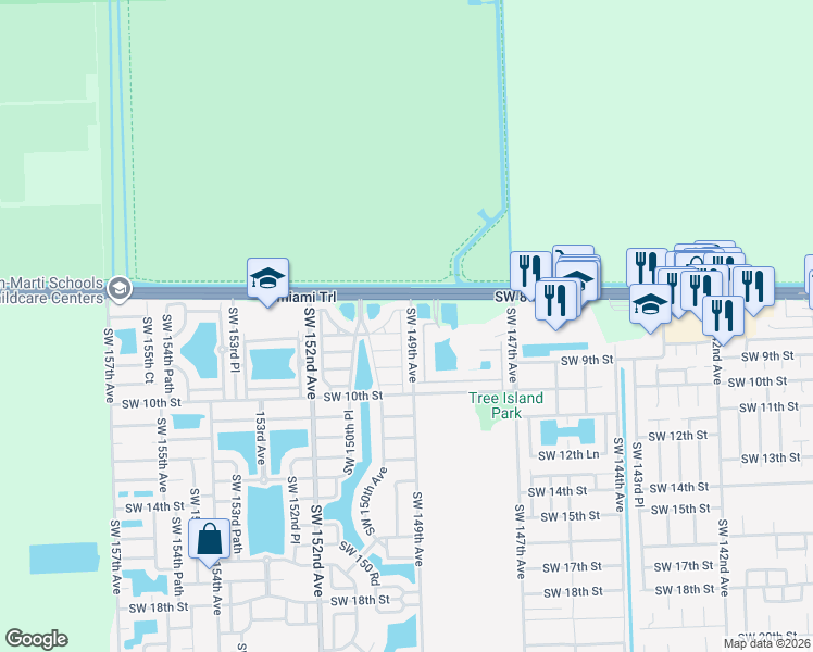 map of restaurants, bars, coffee shops, grocery stores, and more near 882 Southwest 149th Court in Miami