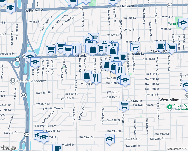 map of restaurants, bars, coffee shops, grocery stores, and more near 1100 Southwest 70th Avenue in Miami