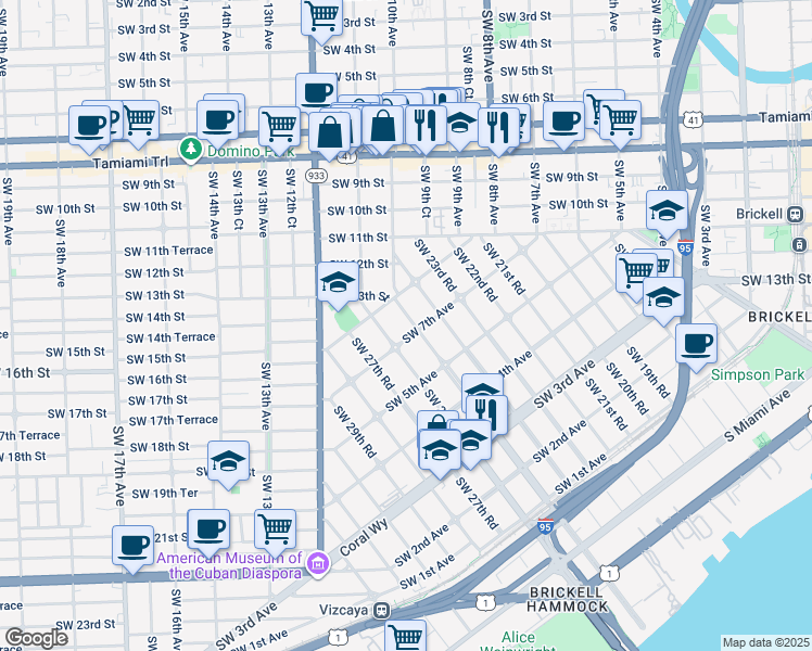 map of restaurants, bars, coffee shops, grocery stores, and more near 714 Southwest 25th Road in Miami