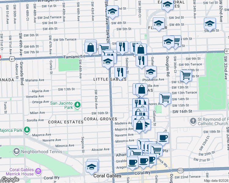 map of restaurants, bars, coffee shops, grocery stores, and more near 4020 Southwest 13th Terrace in Miami