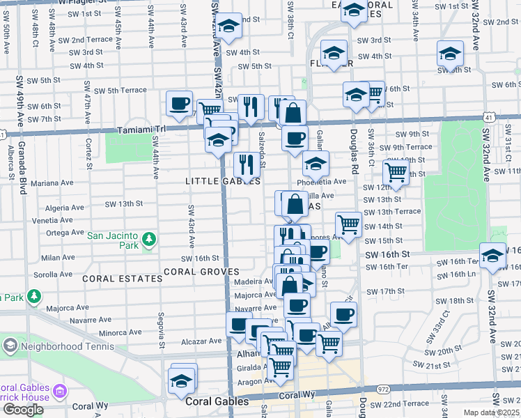 map of restaurants, bars, coffee shops, grocery stores, and more near 1301 Salzedo Street in Coral Gables