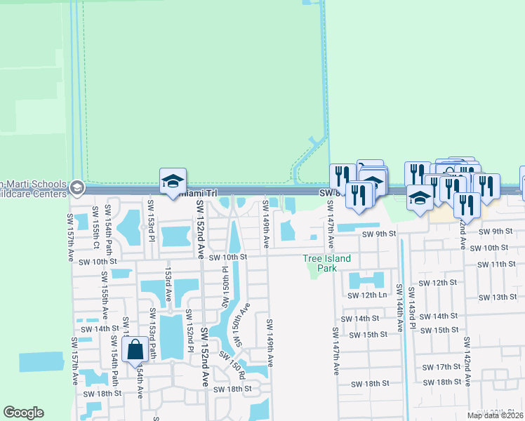 map of restaurants, bars, coffee shops, grocery stores, and more near 882 Southwest 149th Court in Miami