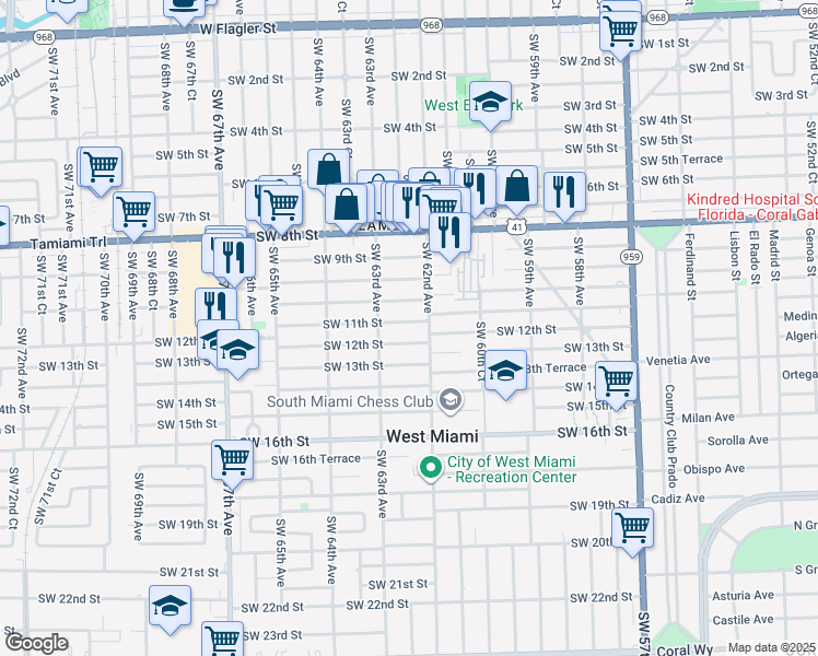 map of restaurants, bars, coffee shops, grocery stores, and more near 6237 Southwest 12th Street in West Miami