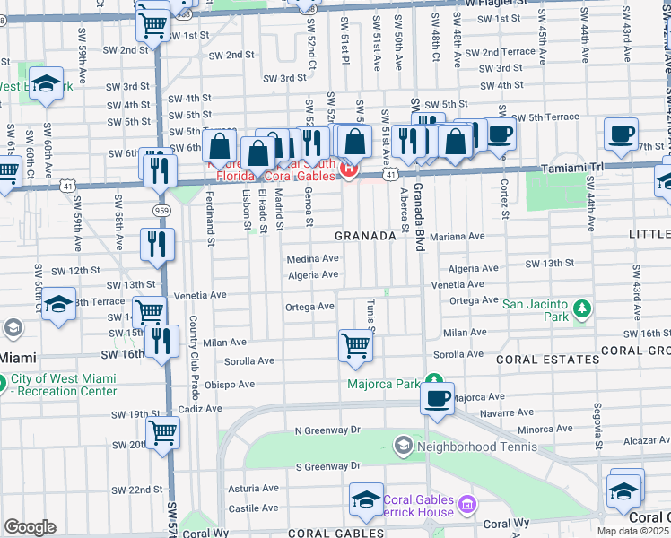 map of restaurants, bars, coffee shops, grocery stores, and more near 1220 Algeria Avenue in Coral Gables