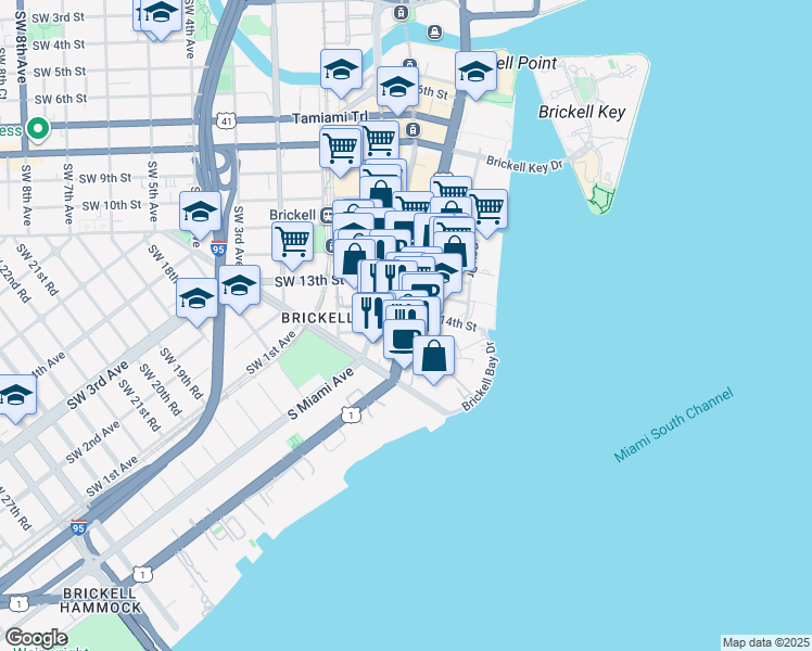 map of restaurants, bars, coffee shops, grocery stores, and more near 1428 Brickell Avenue in Miami