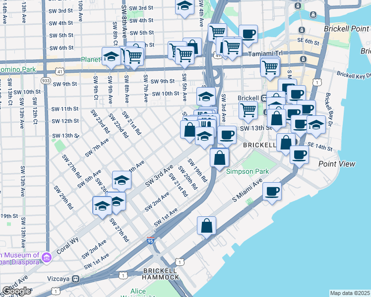 map of restaurants, bars, coffee shops, grocery stores, and more near 1859 Southwest 3rd Avenue in Miami