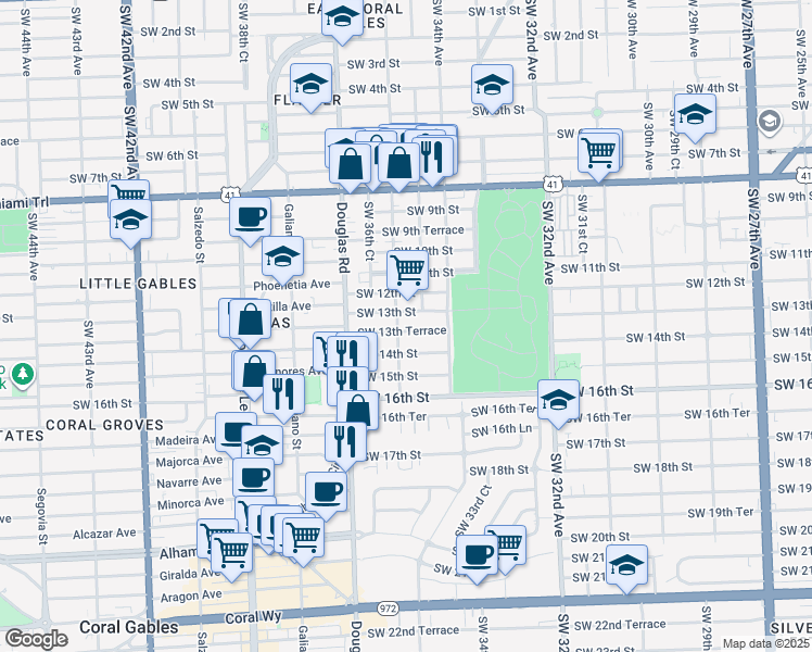map of restaurants, bars, coffee shops, grocery stores, and more near 1350 Southwest 36th Avenue in Miami