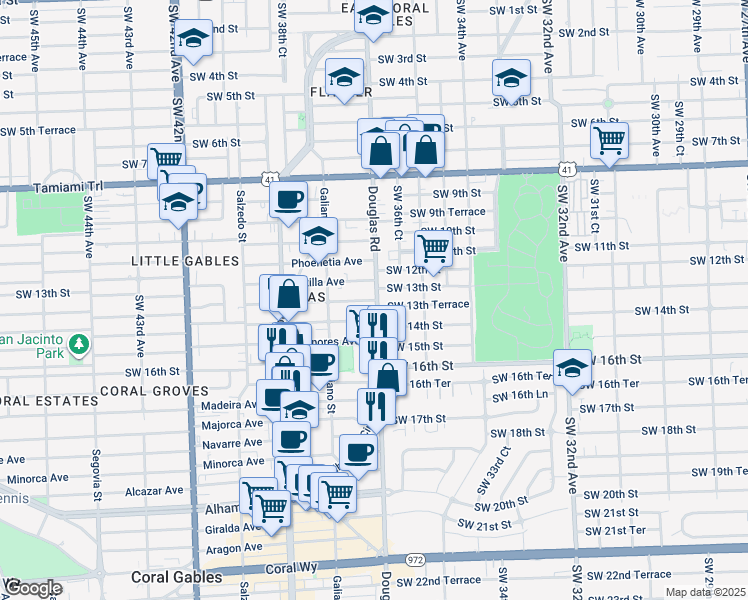 map of restaurants, bars, coffee shops, grocery stores, and more near 3682 Southwest 13th Terrace in Miami