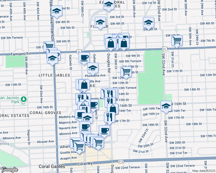 map of restaurants, bars, coffee shops, grocery stores, and more near 3682 Southwest 13th Terrace in Miami