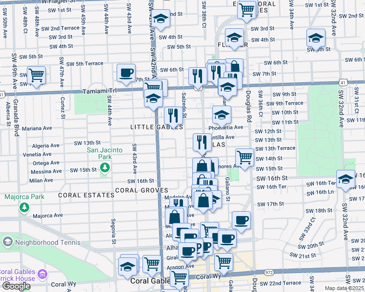 map of restaurants, bars, coffee shops, grocery stores, and more near 1301 Salzedo Street in Coral Gables
