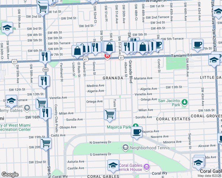 map of restaurants, bars, coffee shops, grocery stores, and more near 1224 Tangier Street in Coral Gables