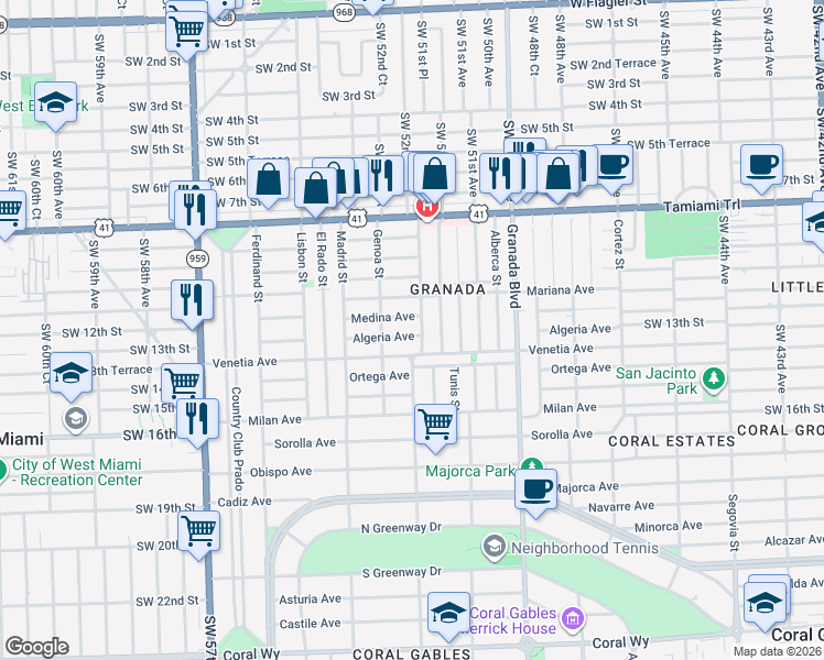 map of restaurants, bars, coffee shops, grocery stores, and more near 1220 Algeria Avenue in Coral Gables