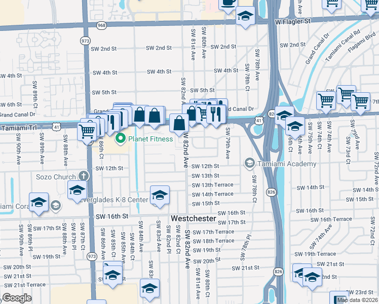 map of restaurants, bars, coffee shops, grocery stores, and more near 1082 Southwest 82nd Avenue in Miami