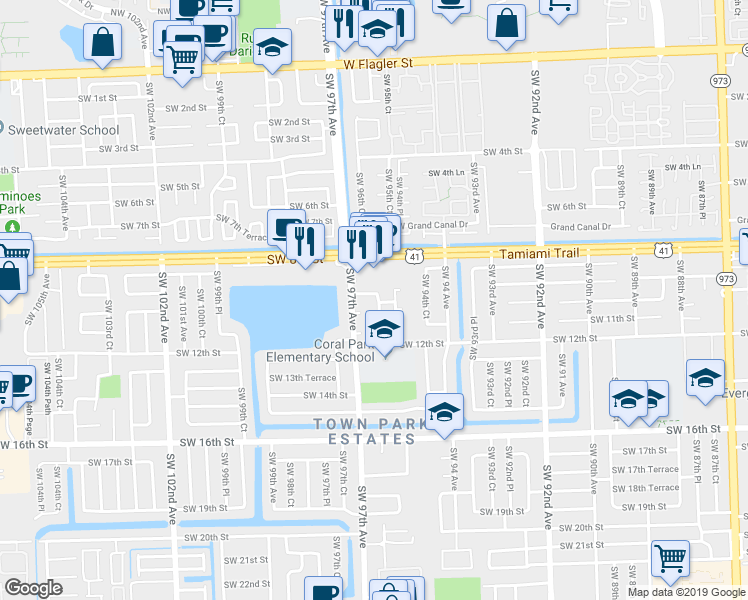 map of restaurants, bars, coffee shops, grocery stores, and more near 9645 Southwest 10th Terrace in Miami