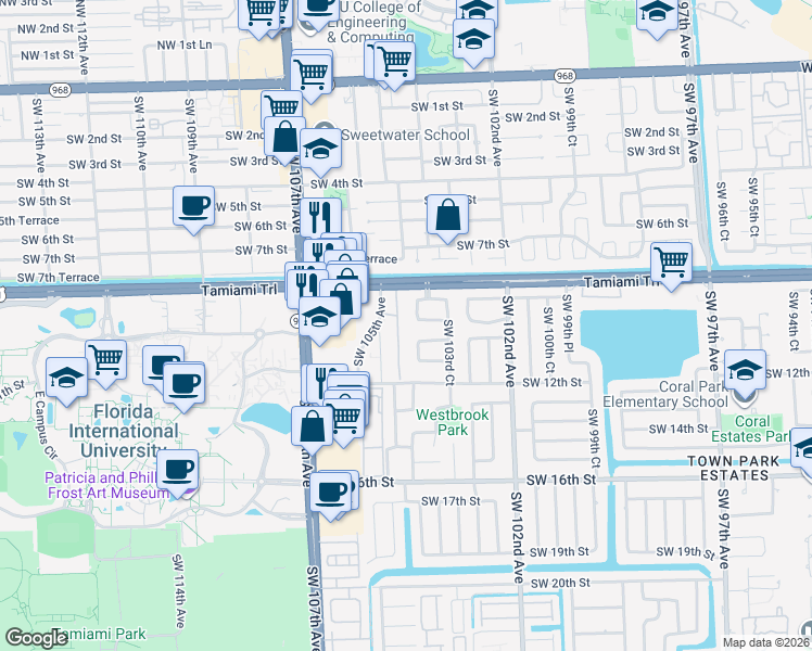 map of restaurants, bars, coffee shops, grocery stores, and more near 10383 Southwest 11th Street in Miami