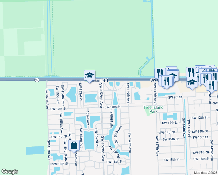 map of restaurants, bars, coffee shops, grocery stores, and more near 15001 Southwest 8th Terrace in Miami