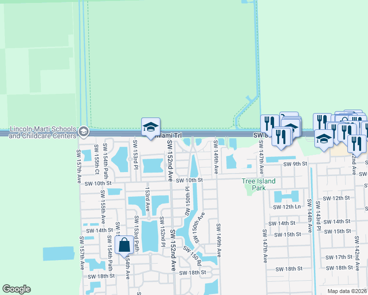 map of restaurants, bars, coffee shops, grocery stores, and more near 15001 Southwest 8th Terrace in Miami