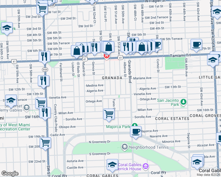 map of restaurants, bars, coffee shops, grocery stores, and more near 1224 Tangier Street in Coral Gables