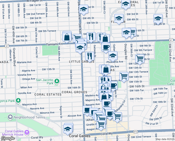 map of restaurants, bars, coffee shops, grocery stores, and more near 4020 Southwest 13th Terrace in Miami