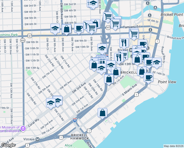 map of restaurants, bars, coffee shops, grocery stores, and more near 1859 Southwest 3rd Avenue in Miami