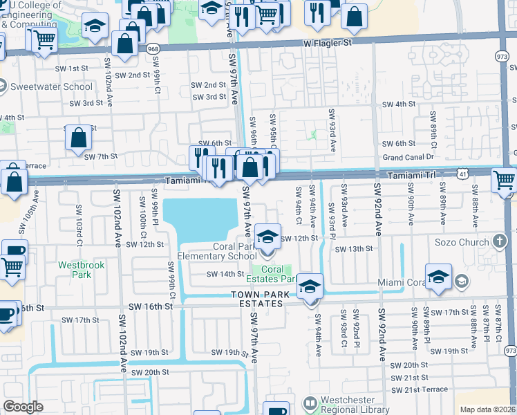 map of restaurants, bars, coffee shops, grocery stores, and more near 9645 Southwest 10th Terrace in Miami