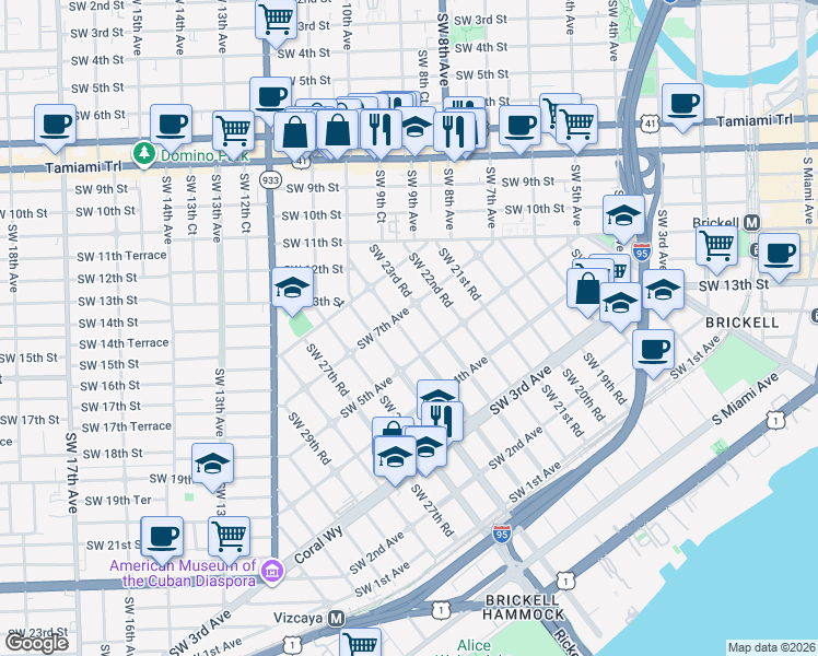 map of restaurants, bars, coffee shops, grocery stores, and more near 600 Southwest 24th Road in Miami
