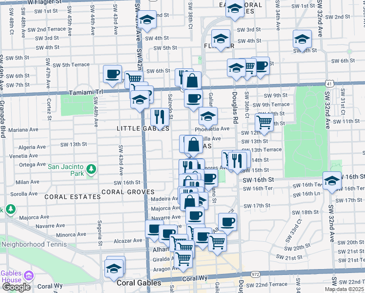 map of restaurants, bars, coffee shops, grocery stores, and more near 12-20 Sidonia Avenue in Coral Gables