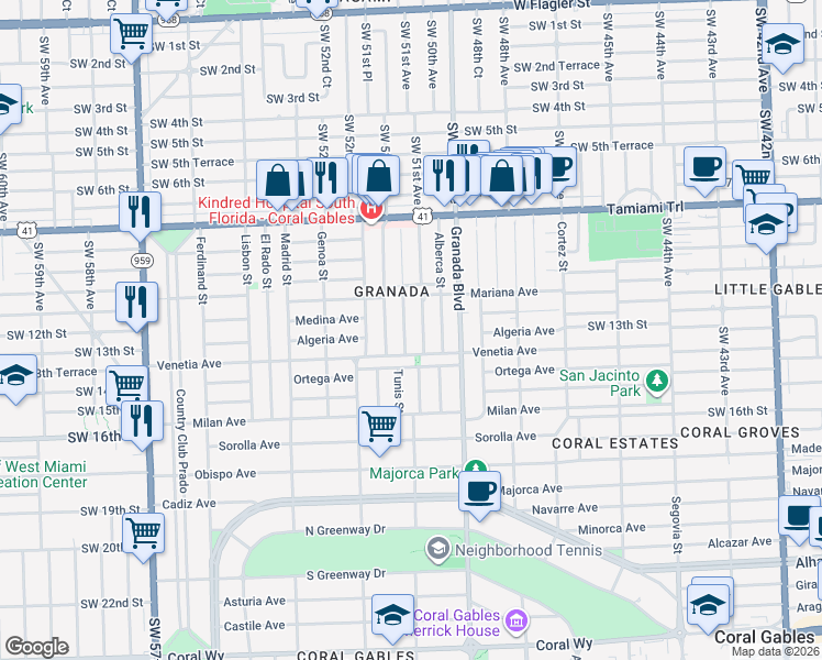 map of restaurants, bars, coffee shops, grocery stores, and more near 1209 Wallace Street in Coral Gables
