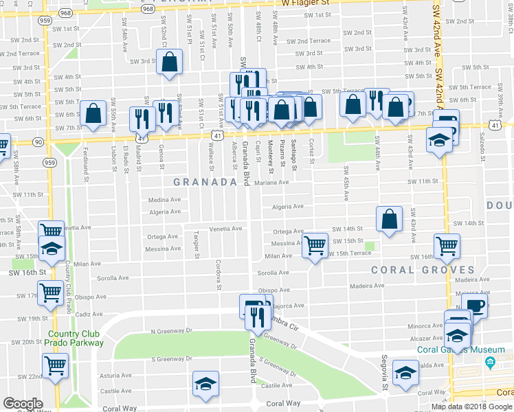 map of restaurants, bars, coffee shops, grocery stores, and more near 1214 Capri Street in Coral Gables