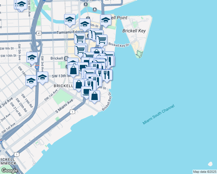 map of restaurants, bars, coffee shops, grocery stores, and more near 1331 Brickell Bay Drive in Miami