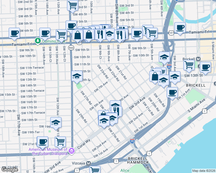 map of restaurants, bars, coffee shops, grocery stores, and more near 600 Southwest 24th Road in Miami
