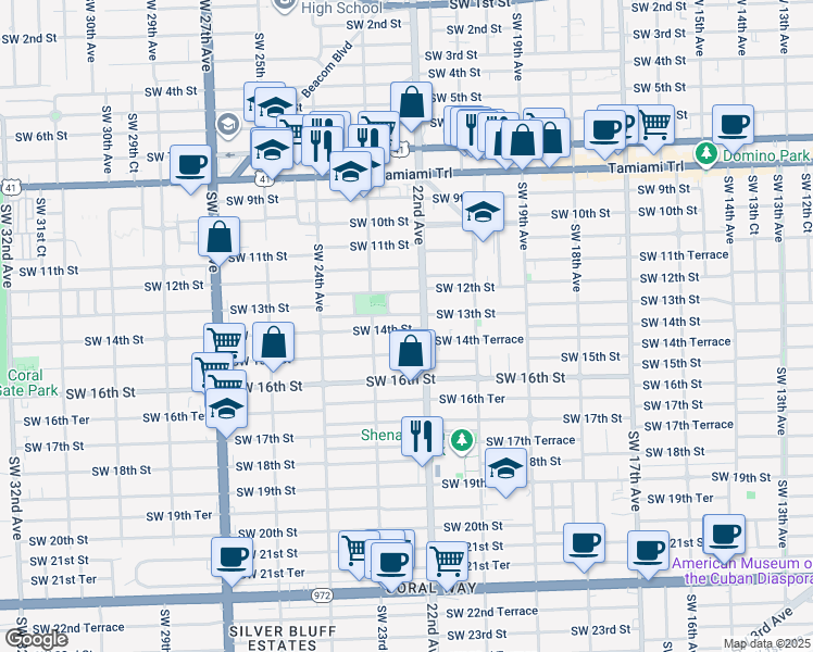 map of restaurants, bars, coffee shops, grocery stores, and more near 1434 Southwest 22nd Avenue in Miami