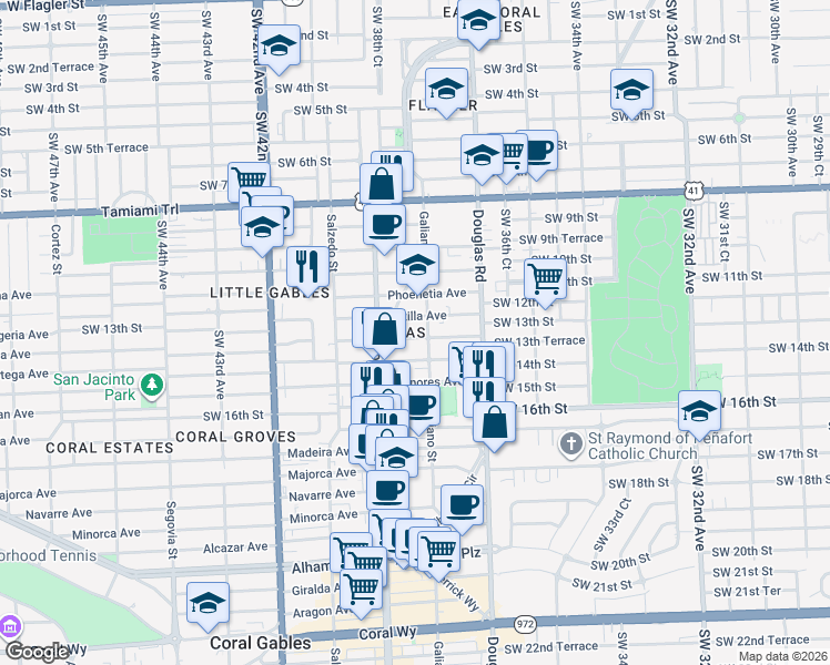 map of restaurants, bars, coffee shops, grocery stores, and more near in Coral Gables