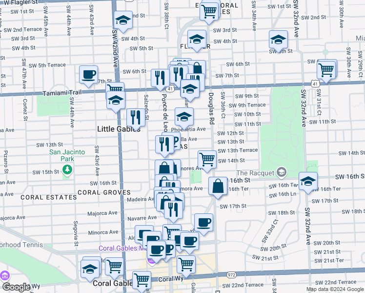 map of restaurants, bars, coffee shops, grocery stores, and more near 110 Sidonia Avenue in Coral Gables