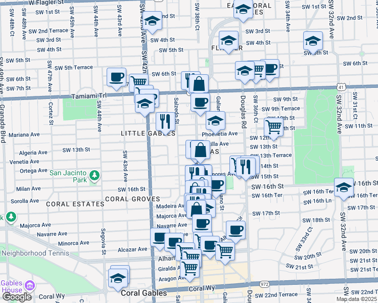 map of restaurants, bars, coffee shops, grocery stores, and more near 12-20 Sidonia Avenue in Coral Gables