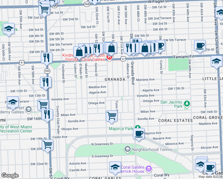map of restaurants, bars, coffee shops, grocery stores, and more near 1224 Tangier Street in Coral Gables