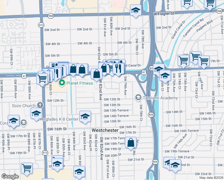 map of restaurants, bars, coffee shops, grocery stores, and more near 8025 Southwest 11th Street in Miami