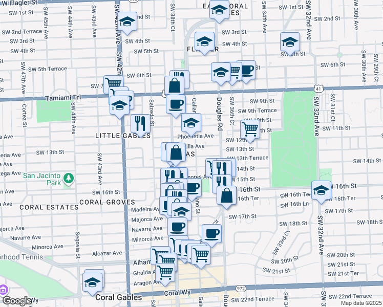 map of restaurants, bars, coffee shops, grocery stores, and more near in Coral Gables
