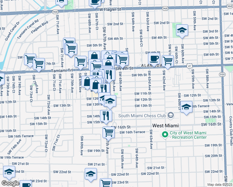 map of restaurants, bars, coffee shops, grocery stores, and more near 6570 Southwest 12th Street in Miami